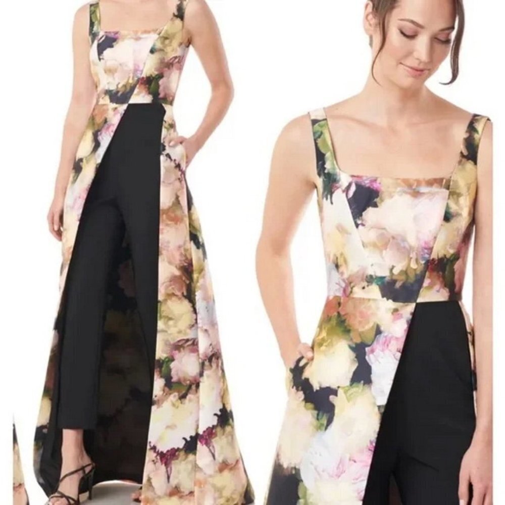 Kay Unger Black Marigold Mattie Floral Maxi Romper Jumpsuit